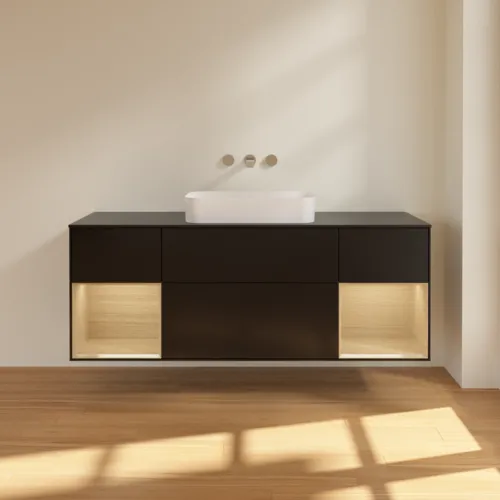 VILLEROY BOCH Toaletní skříňka Finion, s osvětlením, 4 výsuvy, 1600 x 603 x 501 mm, černý matný lak / dubová dýha / černé matné sklo #F742PCPD, obrázek 3