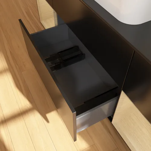 VILLEROY BOCH Toaletní skříňka Finion, s osvětlením, 4 výsuvy, 1600 x 603 x 501 mm, černý matný lak / dubová dýha / černé matné sklo #F742PCPD, obrázek 7