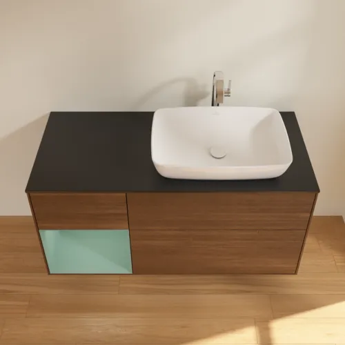VILLEROY BOCH Toaletní skříňka Finion, s osvětlením, 3 výsuvy, 1200 x 603 x 501 mm, ořechová dýha / olivově matný lak / sklo černé matné #F802GMGN, obrázek 4