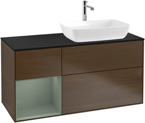 VILLEROY BOCH Toaletní skříňka Finion, s osvětlením, 3 výsuvy, 1200 x 603 x 501 mm, ořechová dýha / olivově matný lak / sklo černé matné #F802GMGN