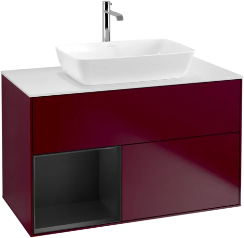 VILLEROY BOCH Toaletní skříňka Finion, s osvětlením, 2 výsuvy, 1000 x 603 x 501 mm, Pivoňka matný lak / Černý matný lak / Sklo bílé matné #F771PDHB