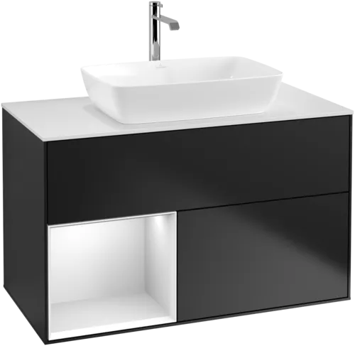 VILLEROY BOCH Toaletní skříňka Finion, s osvětlením, 2 výsuvy, 1000 x 603 x 501 mm, černý matný lak / bílý matný lak / bílé matné sklo #F771MTPD