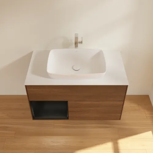 VILLEROY BOCH Toaletní stolek Finion, s osvětlením, 2 výsuvy, 1000 x 603 x 501 mm, ořechová dýha / černý matný lak / sklo bílé matné #F771PDGN, obrázek 4