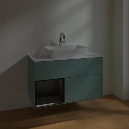 VILLEROY BOCH Toaletní skříňka Finion, s osvětlením, 2 výsuvy, 1000 x 603 x 501 mm, olivový matný lak / černý matný lak / bílé matné sklo #F771PDGM, obrázek 5