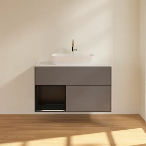 VILLEROY BOCH Toaletní skříňka Finion, s osvětlením, 2 výsuvy, 1000 x 603 x 501 mm, antracitový matný lak / černý matný lak / bílé matné sklo #F771PDGK, obrázek 3