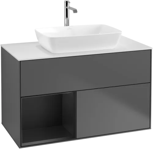 VILLEROY BOCH Toaletní skříňka Finion, s osvětlením, 2 výsuvy, 1000 x 603 x 501 mm, antracitový matný lak / černý matný lak / bílé matné sklo #F771PDGK, obrázek 1