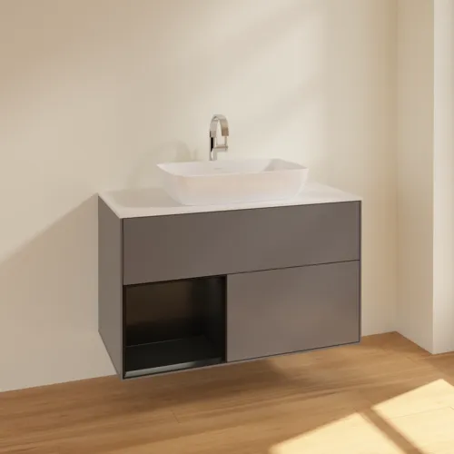 VILLEROY BOCH Toaletní skříňka Finion, s osvětlením, 2 výsuvy, 1000 x 603 x 501 mm, antracitový matný lak / černý matný lak / bílé matné sklo #F771PDGK, obrázek 2