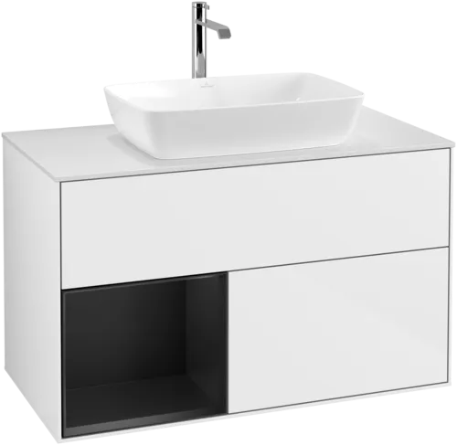 VILLEROY BOCH Umyvadlová skříňka Finion, s osvětlením, 2 výsuvy, 1000 x 603 x 501 mm, lesklý bílý lak / černý matný lak / bílé matné sklo #F771PDGF, obrázek 1