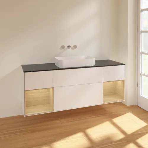 VILLEROY BOCH Toaletní skříňka Finion, s osvětlením, 4 výsuvy, 1600 x 603 x 501 mm, bílý matný lak / dubová dýha / černé matné sklo #F742PCMT, obrázek 2