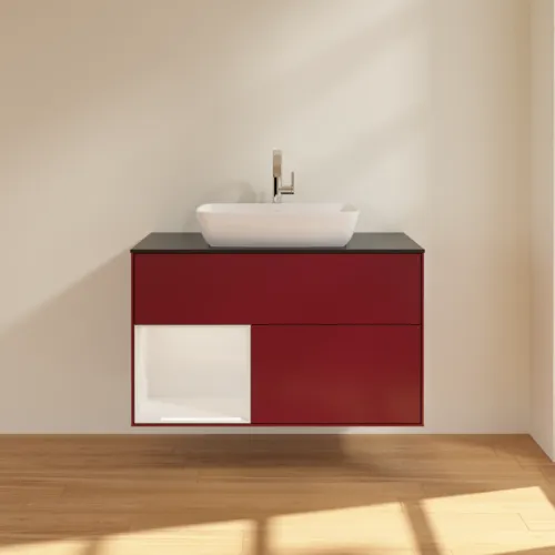VILLEROY BOCH Toaletní skříňka Finion, s osvětlením, 2 výsuvy, 1000 x 603 x 501 mm, matný lak Peony / lesklý bílý lak / černé matné sklo #F772GFHB, obrázek 3