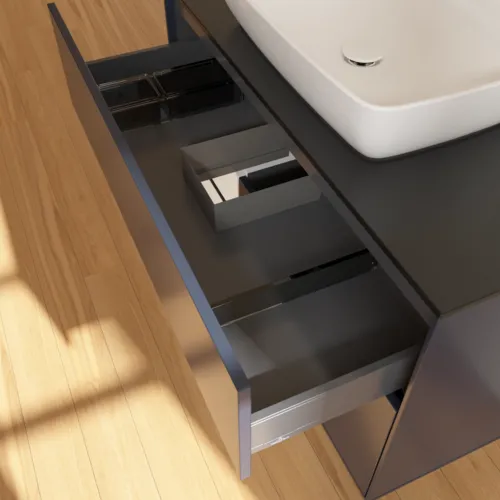 VILLEROY BOCH Toaletní skříňka Finion, s osvětlením, 2 výsuvy, 1000 x 603 x 501 mm, Midnight Blue Matt Lacquer / Glossy White Lacquer / Glass Black Matt #F772GFHG, obrázek 8
