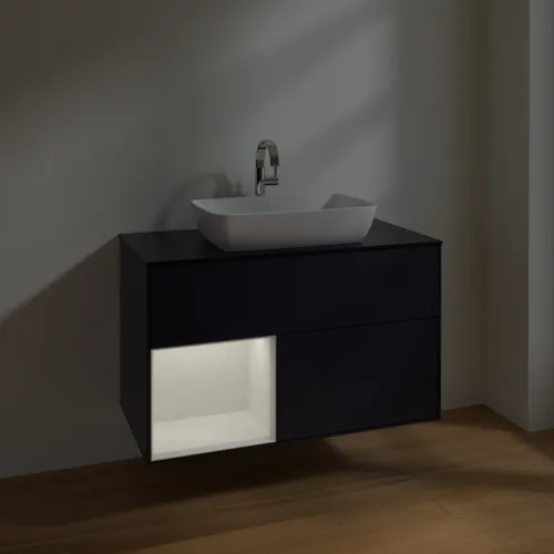 VILLEROY BOCH Toaletní skříňka Finion, s osvětlením, 2 výsuvy, 1000 x 603 x 501 mm, Midnight Blue Matt Lacquer / Glossy White Lacquer / Glass Black Matt #F772GFHG, obrázek 5