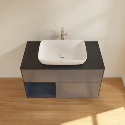 VILLEROY BOCH Toaletní skříňka Finion, s osvětlením, 2 výsuvy, 1000 x 603 x 501 mm, antracitový matný lak / půlnoční modrý matný lak / černé matné sklo #F772HGGK, obrázek 4