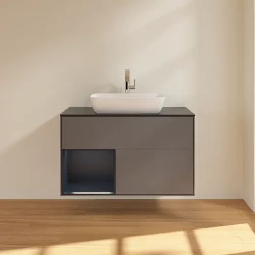 VILLEROY BOCH Toaletní skříňka Finion, s osvětlením, 2 výsuvy, 1000 x 603 x 501 mm, antracitový matný lak / půlnoční modrý matný lak / černé matné sklo #F772HGGK, obrázek 3