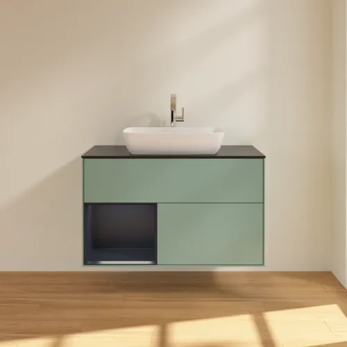 VILLEROY BOCH Toaletní skříňka Finion, s osvětlením, 2 výsuvy, 1000 x 603 x 501 mm, olivový matný lak / půlnoční modrý matný lak / černé matné sklo #F772HGGM, obrázek 3