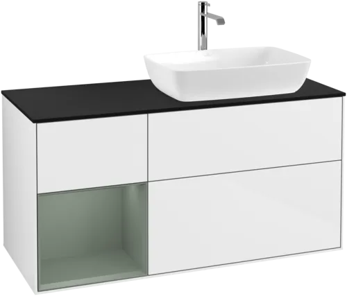 VILLEROY BOCH Toaletní skříňka Finion, s osvětlením, 3 výsuvy, 1200 x 603 x 501 mm, lesklý bílý lak / olivově matný lak / černé matné sklo #F802GMGF
