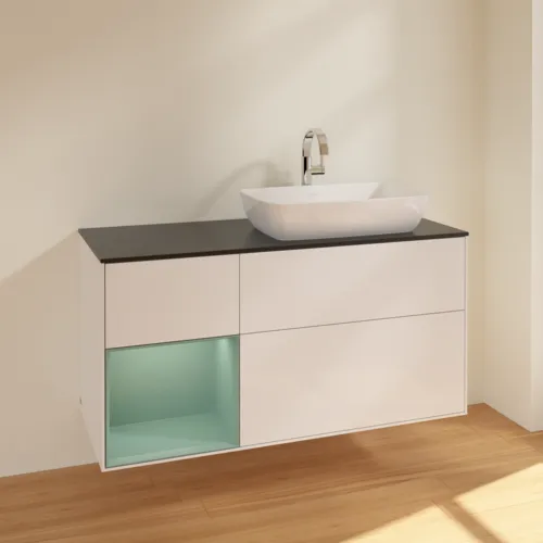 VILLEROY BOCH Toaletní skříňka Finion, s osvětlením, 3 výsuvy, 1200 x 603 x 501 mm, lesklý bílý lak / olivově matný lak / černé matné sklo #F802GMGF, obrázek 2