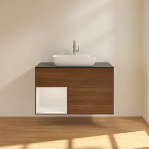VILLEROY BOCH Toaletní skříňka Finion, s osvětlením, 2 výsuvy, 1000 x 603 x 501 mm, ořechová dýha / lesklý bílý lak / sklo černé matné #F772GFGN, obrázek 3