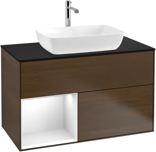 VILLEROY BOCH Toaletní skříňka Finion, s osvětlením, 2 výsuvy, 1000 x 603 x 501 mm, ořechová dýha / lesklý bílý lak / sklo černé matné #F772GFGN, obrázek 1