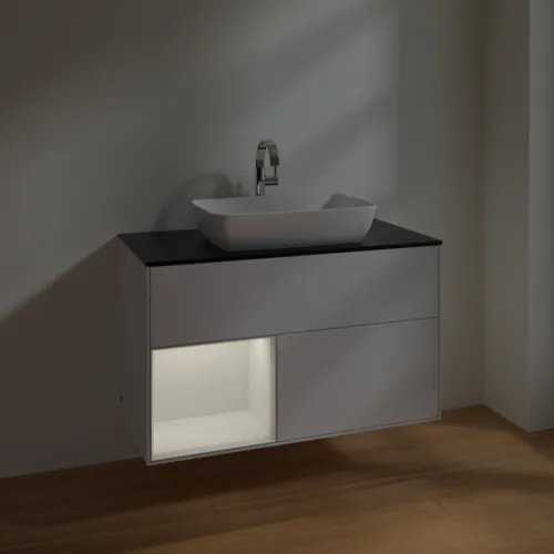 VILLEROY BOCH Toaletní skříňka Finion, s osvětlením, 2 výsuvy, 1000 x 603 x 501 mm, lesklý bílý lak / lesklý bílý lak / sklo černé matné #F772GFGF, obrázek 5