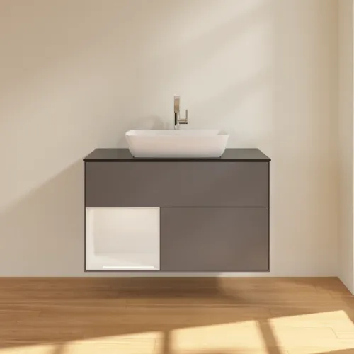 VILLEROY BOCH Toaletní skříňka Finion, s osvětlením, 2 výsuvy, 1000 x 603 x 501 mm, antracit matný lak / lesklý bílý lak / sklo černé matné #F772GFGK, obrázek 3