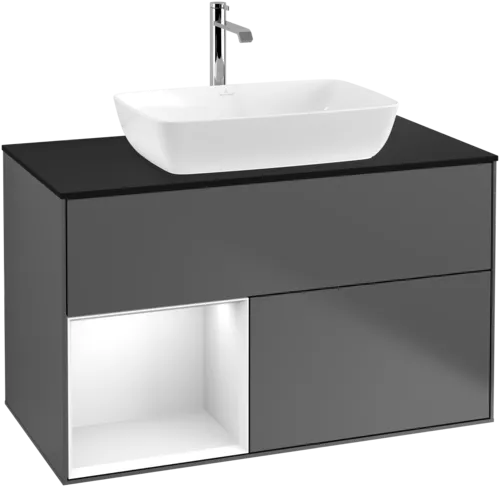 VILLEROY BOCH Toaletní skříňka Finion, s osvětlením, 2 výsuvy, 1000 x 603 x 501 mm, antracit matný lak / lesklý bílý lak / sklo černé matné #F772GFGK, obrázek 1