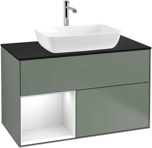 VILLEROY BOCH Toaletní skříňka Finion, s osvětlením, 2 výsuvy, 1000 x 603 x 501 mm, olivový matný lak / lesklý bílý lak / sklo černé matné #F772GFGM