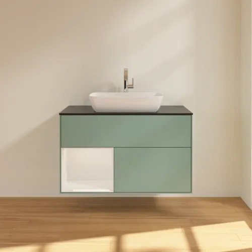 VILLEROY BOCH Toaletní skříňka Finion, s osvětlením, 2 výsuvy, 1000 x 603 x 501 mm, olivový matný lak / lesklý bílý lak / sklo černé matné #F772GFGM, obrázek 3