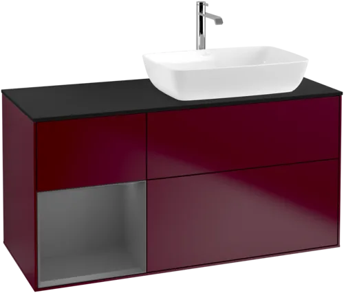 VILLEROY BOCH Toaletní skříňka Finion, s osvětlením, 3 výsuvy, 1200 x 603 x 501 mm, Pivoňka matný lak / Antracit matný lak / Sklo černé matné #F802GKHB, obrázek 1