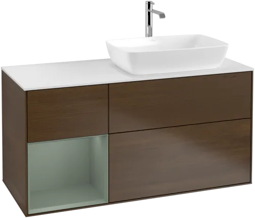 VILLEROY BOCH Toaletní stolek Finion, s osvětlením, 3 výsuvy, 1200 x 603 x 501 mm, ořechová dýha / olivový matný lak / sklo bílé matné #F801GMGN, obrázek 1