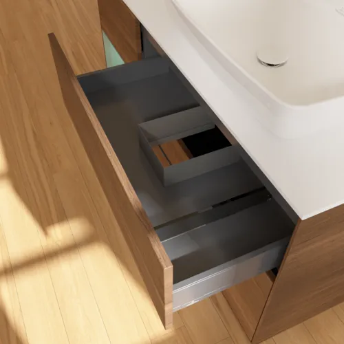 VILLEROY BOCH Toaletní stolek Finion, s osvětlením, 3 výsuvy, 1200 x 603 x 501 mm, ořechová dýha / olivový matný lak / sklo bílé matné #F801GMGN, obrázek 5