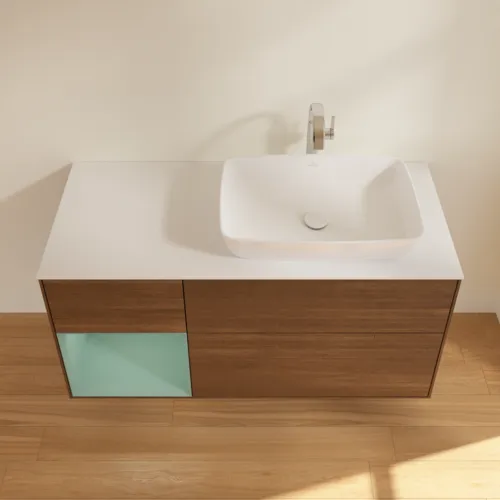 VILLEROY BOCH Toaletní stolek Finion, s osvětlením, 3 výsuvy, 1200 x 603 x 501 mm, ořechová dýha / olivový matný lak / sklo bílé matné #F801GMGN, obrázek 4