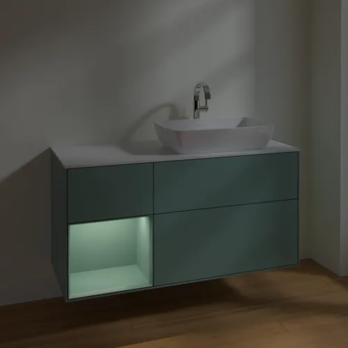 VILLEROY BOCH Toaletní skříňka Finion, s osvětlením, 3 výsuvy, 1200 x 603 x 501 mm, olivově matný lak / olivově matný lak / sklo bílé matné #F801GMGM, obrázek 3