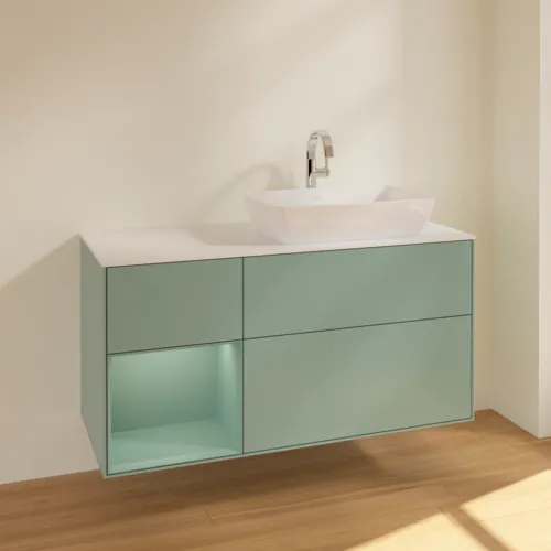 VILLEROY BOCH Toaletní skříňka Finion, s osvětlením, 3 výsuvy, 1200 x 603 x 501 mm, olivově matný lak / olivově matný lak / sklo bílé matné #F801GMGM, obrázek 2