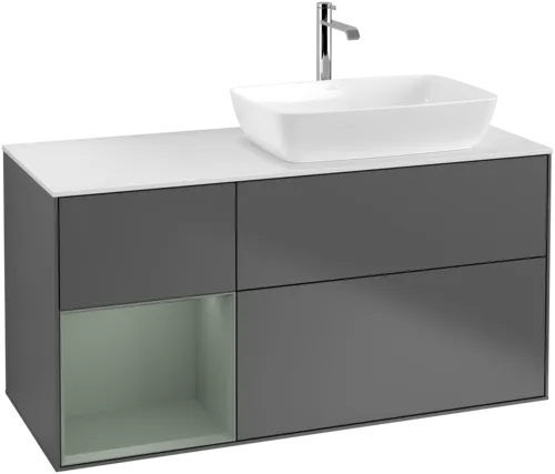 VILLEROY BOCH Toaletní skříňka Finion, s osvětlením, 3 výsuvy, 1200 x 603 x 501 mm, antracitový matný lak / olivový matný lak / bílé matné sklo #F801GMGK, obrázek 1