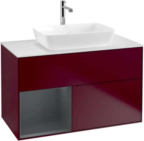 VILLEROY BOCH Toaletní skříňka Finion, s osvětlením, 2 výsuvy, 1000 x 603 x 501 mm, Pivoňka matný lak / Půlnoční modrá matný lak / Sklo bílé matné #F771HGHB, obrázek 1