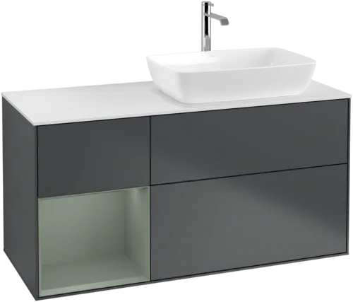 VILLEROY BOCH Toaletní skříňka Finion, s osvětlením, 3 výsuvy, 1200 x 603 x 501 mm, Midnight Blue Matt Lacquer / Olive Matt Lacquer / Glass White Matt #F801GMHG, obrázek 1