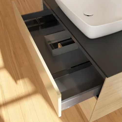 VILLEROY BOCH Toaletní skříňka Finion, s osvětlením, 2 výsuvy, 1000 x 603 x 501 mm, dubová dýha / černý matný lak / černé matné sklo #F772PDPC, obrázek 8