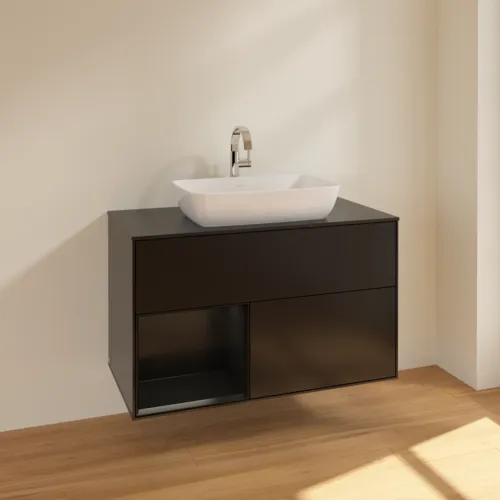 VILLEROY BOCH Umyvadlová skříňka Finion, s osvětlením, 2 výsuvy, 1000 x 603 x 501 mm, černý matný lak / černý matný lak / černé matné sklo #F772PDPD, obrázek 2