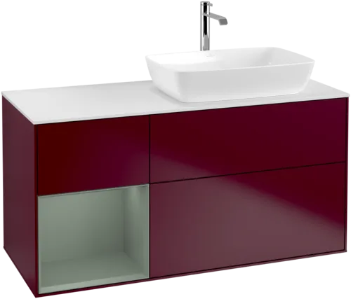 VILLEROY BOCH Toaletní skříňka Finion, s osvětlením, 3 výsuvy, 1200 x 603 x 501 mm, Pivoňka matný lak / Olivový matný lak / Sklo bílé matné #F801GMHB