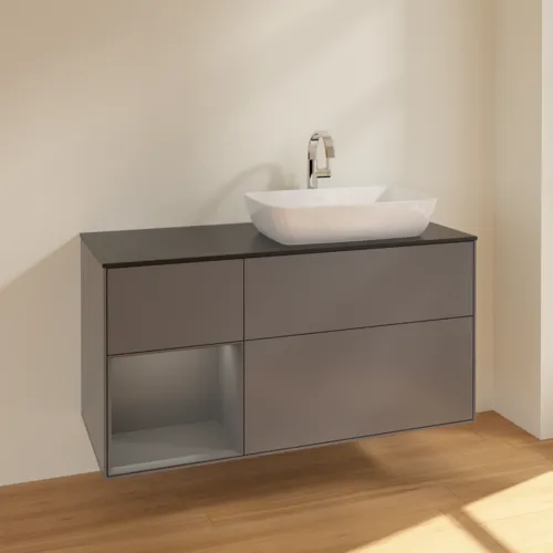 VILLEROY BOCH Toaletní skříňka Finion, s osvětlením, 3 výsuvy, 1200 x 603 x 501 mm, antracit matný lak / antracit matný lak / sklo černé matné #F802GKGK, obrázek 2