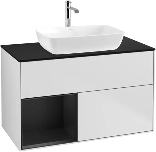 VILLEROY BOCH Toaletní skříňka Finion, s osvětlením, 2 výsuvy, 1000 x 603 x 501 mm, bílý matný lak / černý matný lak / černé matné sklo #F772PDMT