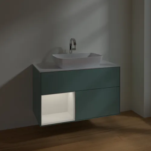 VILLEROY BOCH Toaletní skříňka Finion, s osvětlením, 2 výsuvy, 1000 x 603 x 501 mm, olivový matný lak / lesklý bílý lak / sklo bílé matné #F771GFGM, obrázek 5