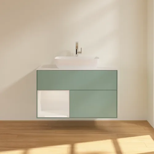 VILLEROY BOCH Toaletní skříňka Finion, s osvětlením, 2 výsuvy, 1000 x 603 x 501 mm, olivový matný lak / lesklý bílý lak / sklo bílé matné #F771GFGM, obrázek 3