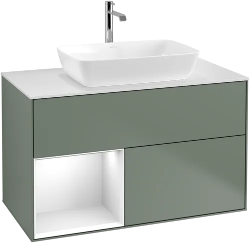 VILLEROY BOCH Toaletní skříňka Finion, s osvětlením, 2 výsuvy, 1000 x 603 x 501 mm, olivový matný lak / lesklý bílý lak / sklo bílé matné #F771GFGM