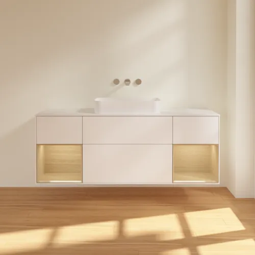 VILLEROY BOCH Toaletní skříňka Finion, s osvětlením, 4 výsuvy, 1600 x 603 x 501 mm, bílý matný lak / dubová dýha / sklo bílé matné #F741PCMT, obrázek 3