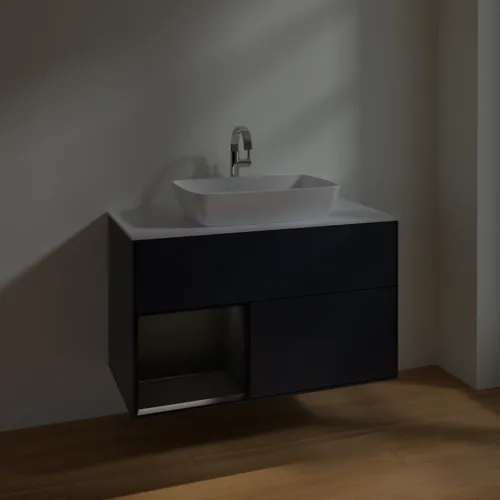 VILLEROY BOCH Toaletní skříňka Finion, s osvětlením, 2 výsuvy, 1000 x 603 x 501 mm, Midnight Blue Matt Lacquer / Black Matt Lacquer / Glass White Matt #F771PDHG, obrázek 5