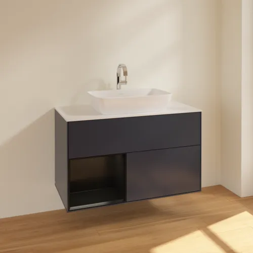 VILLEROY BOCH Toaletní skříňka Finion, s osvětlením, 2 výsuvy, 1000 x 603 x 501 mm, Midnight Blue Matt Lacquer / Black Matt Lacquer / Glass White Matt #F771PDHG, obrázek 2