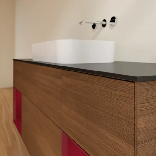 VILLEROY BOCH Toaletní skříňka Finion, s osvětlením, 4 výsuvy, 1600 x 603 x 501 mm, ořechová dýha / pivoňkový matný lak / černé matné sklo #F742HBGN, obrázek 6