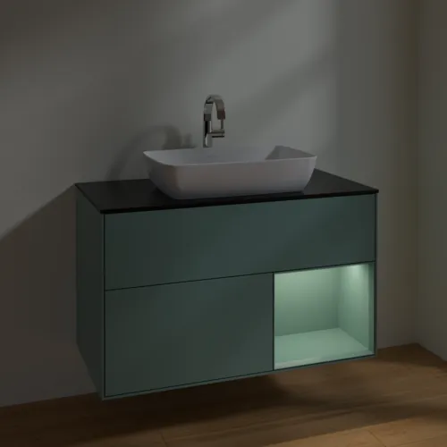 VILLEROY BOCH Toaletní skříňka Finion, s osvětlením, 2 výsuvy, 1000 x 603 x 501 mm, olivově matný lak / olivově matný lak / sklo černé matné #F782GMGM, obrázek 5